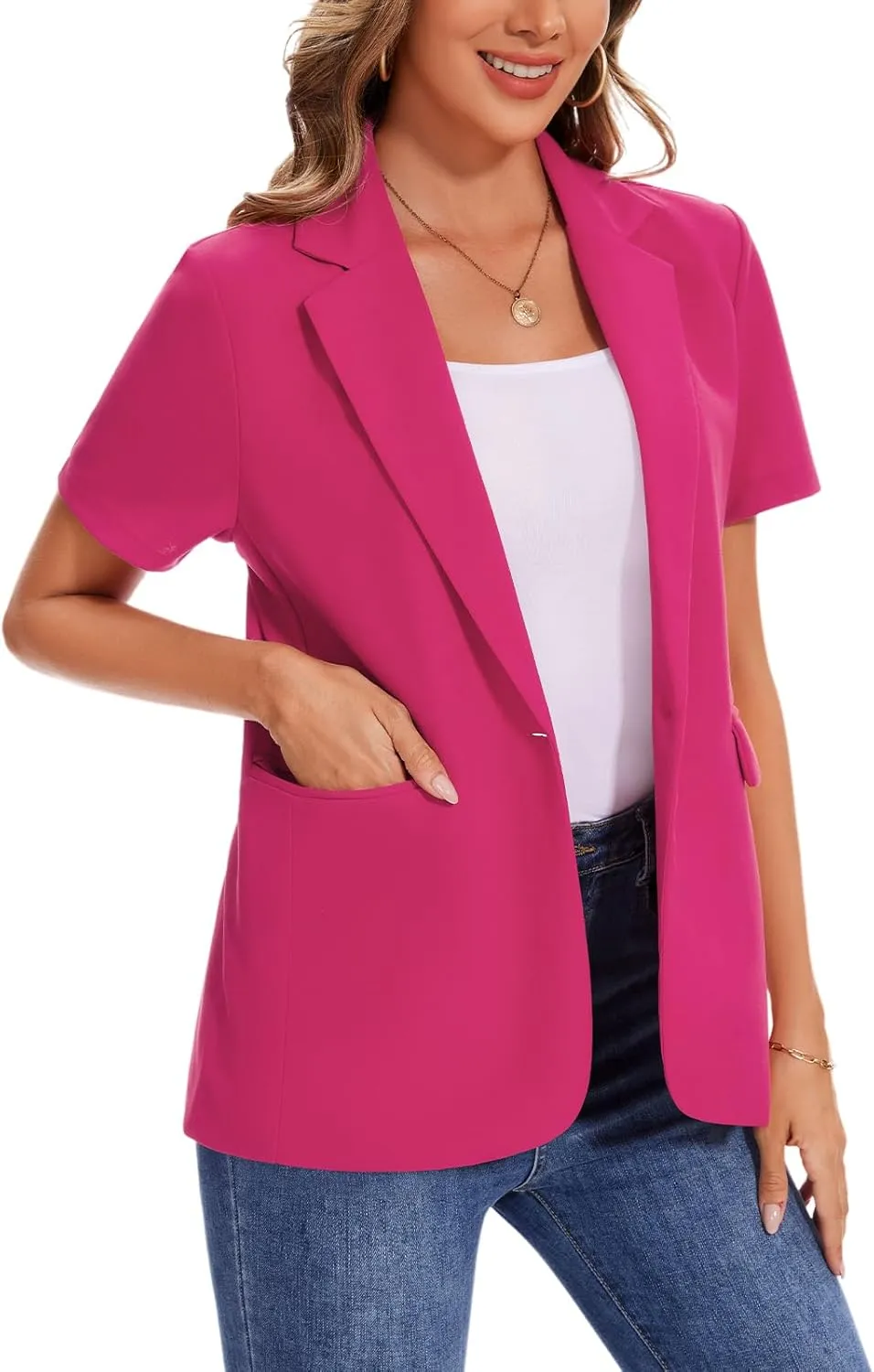 MINTLIMIT Women Short Sleeve Blazer Lightweight Button Front Business Jacket Notched Lapel Work Office Blazers with Pockets