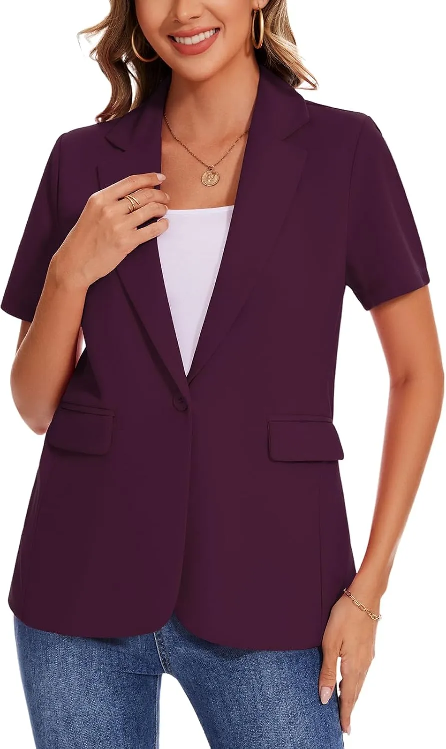 MINTLIMIT Women Short Sleeve Blazer Lightweight Button Front Business Jacket Notched Lapel Work Office Blazers with Pockets