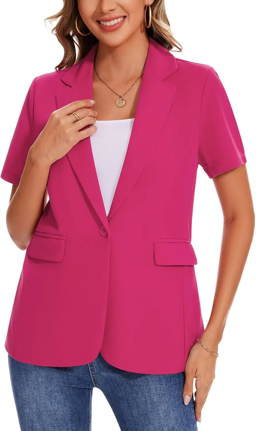 MINTLIMIT Women Short Sleeve Blazer Lightweight Button Front Business Jacket Notched Lapel Work Office Blazers with Pockets