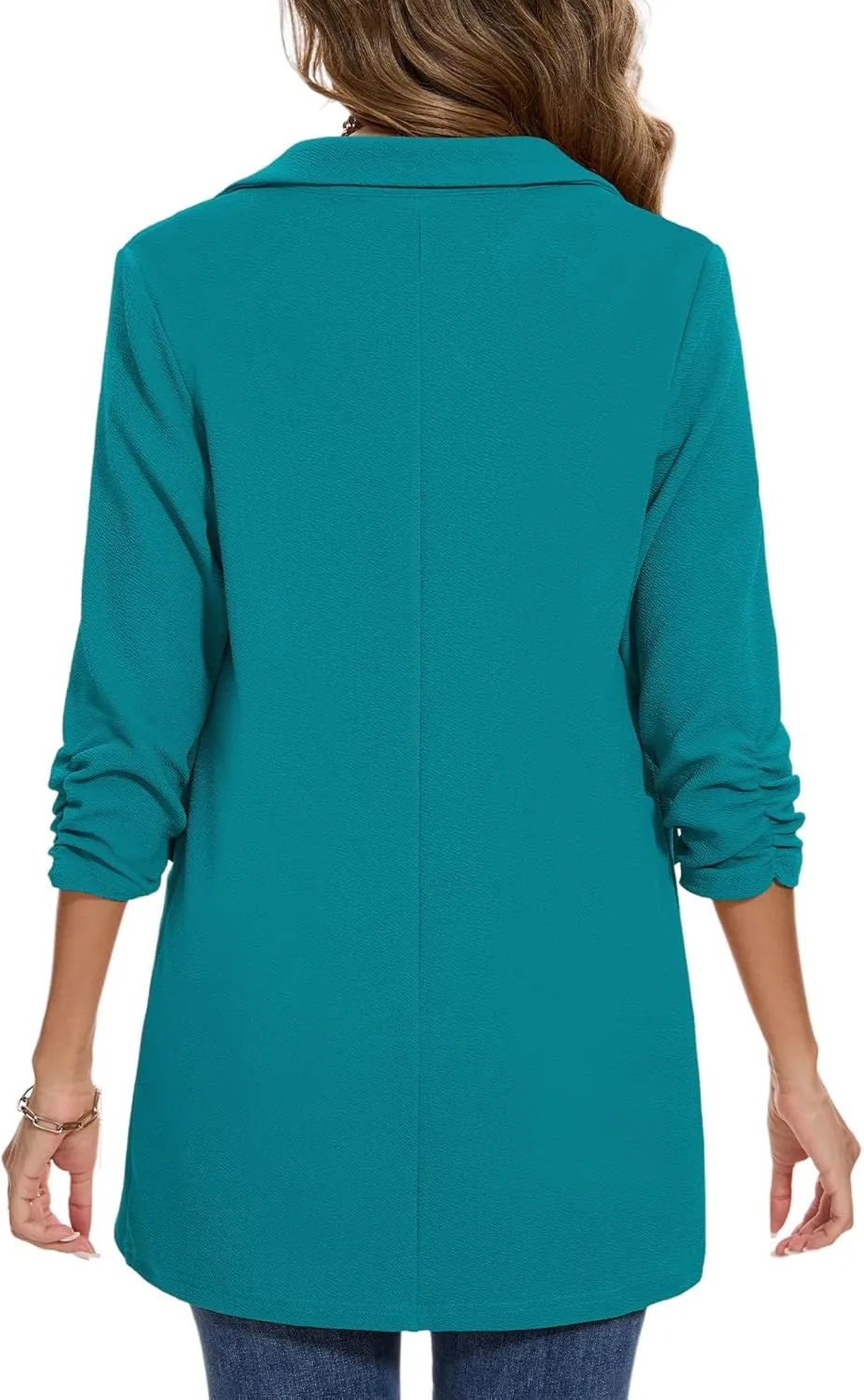 MINTLIMIT Women's Casual Long Blazer 3/4 Ruched Sleeve Lapel Button Front Work Office Blazers Suit Jacket with Pockets