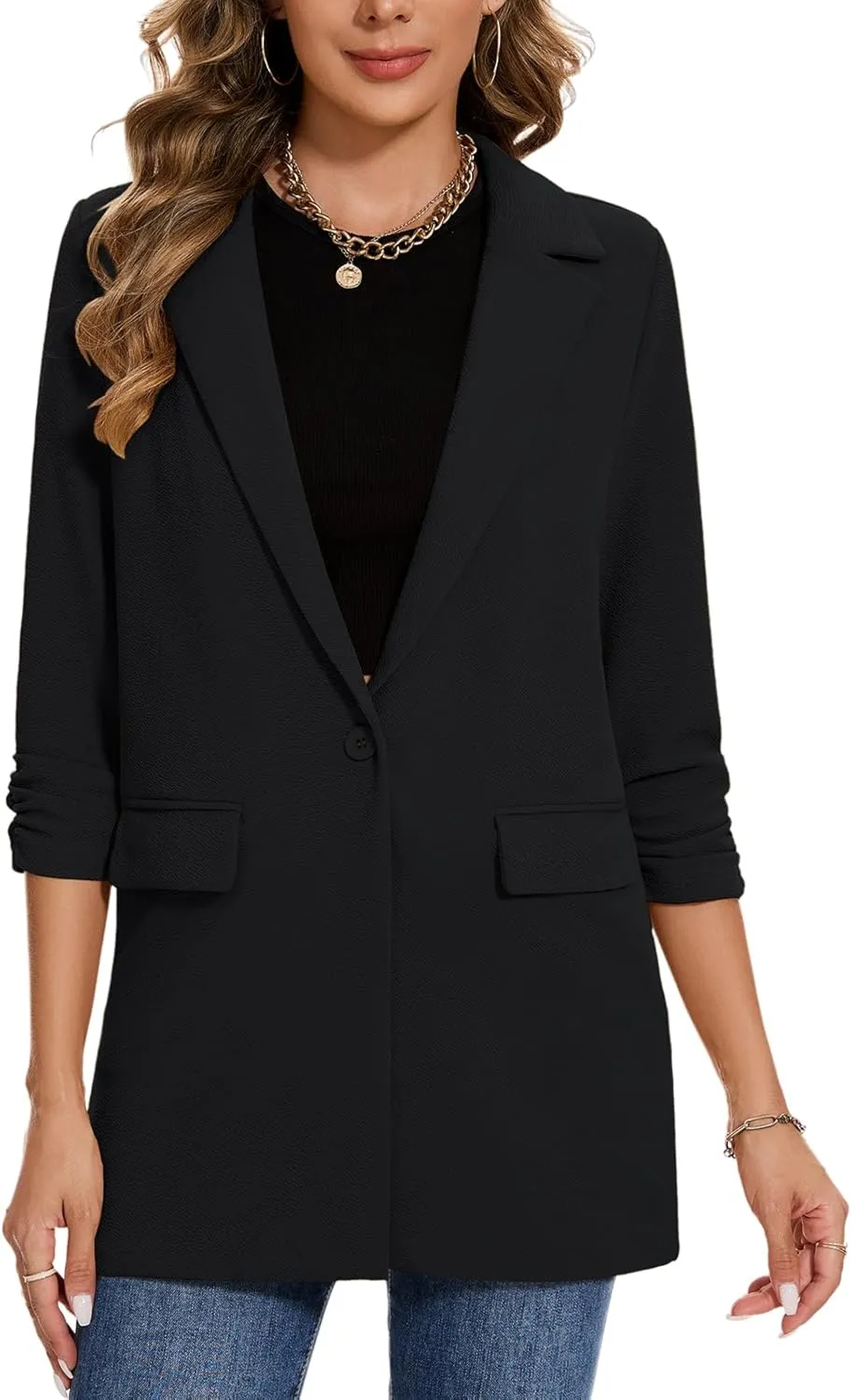 MINTLIMIT Women's Casual Long Blazer 3/4 Ruched Sleeve Lapel Button Front Work Office Blazers Suit Jacket with Pockets