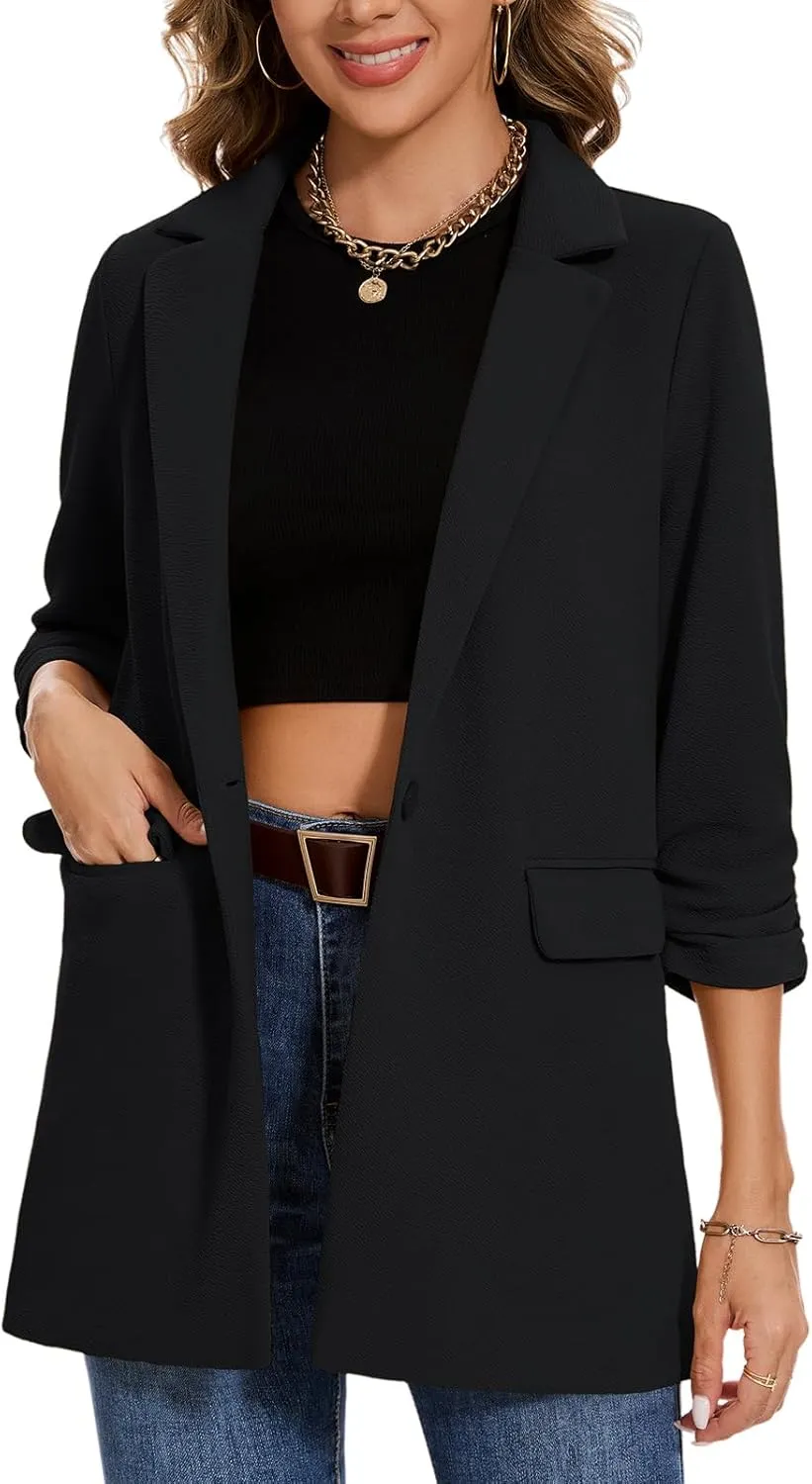 MINTLIMIT Women's Casual Long Blazer 3/4 Ruched Sleeve Lapel Button Front Work Office Blazers Suit Jacket with Pockets