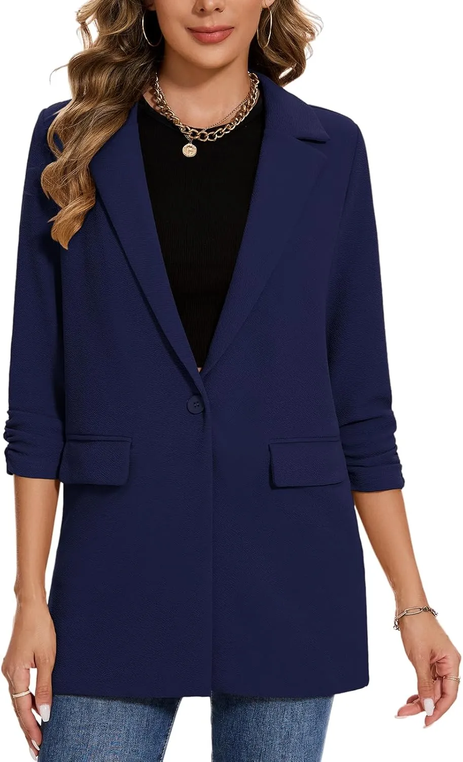 MINTLIMIT Women's Casual Long Blazer 3/4 Ruched Sleeve Lapel Button Front Work Office Blazers Suit Jacket with Pockets