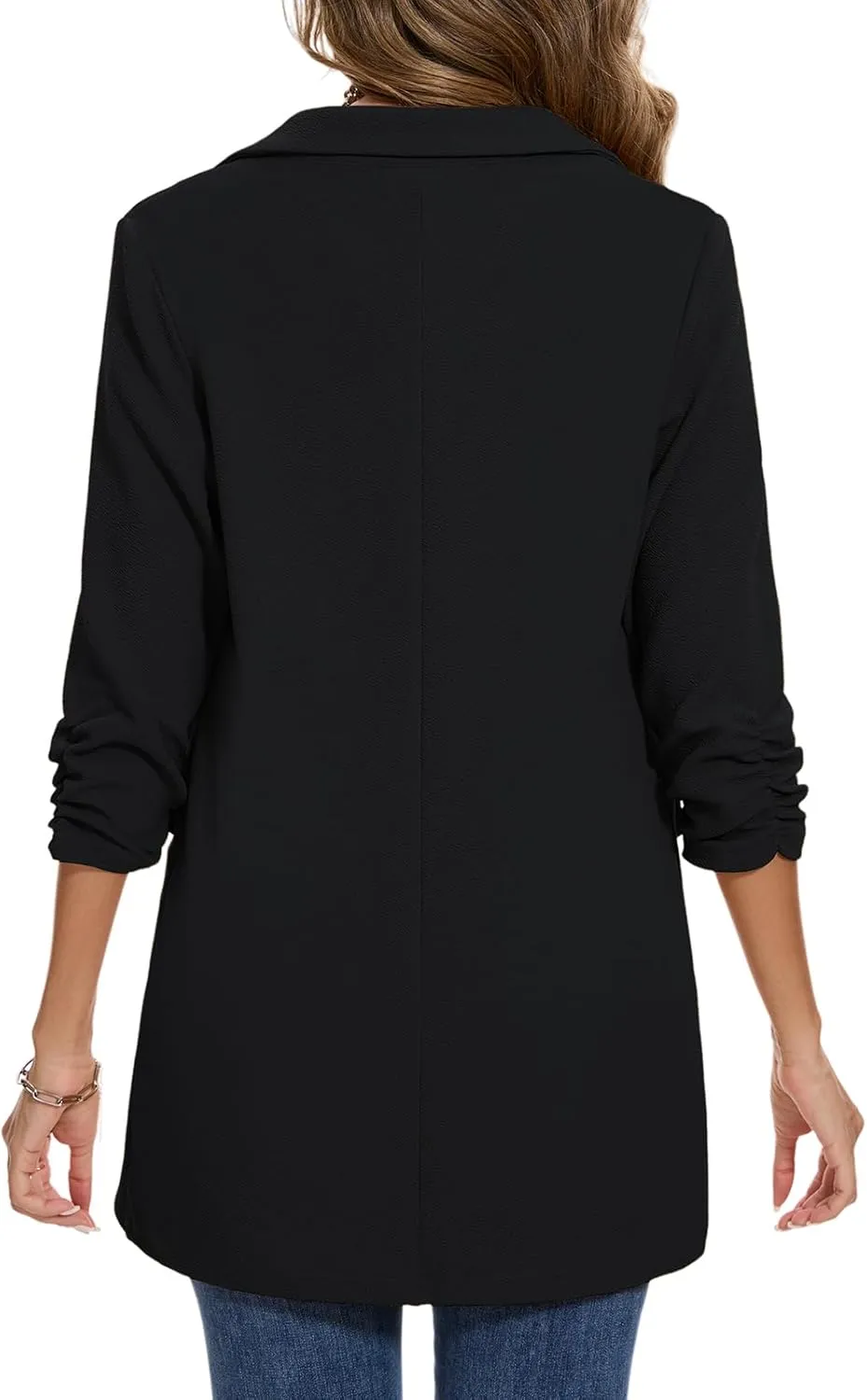 MINTLIMIT Women's Casual Long Blazer 3/4 Ruched Sleeve Lapel Button Front Work Office Blazers Suit Jacket with Pockets