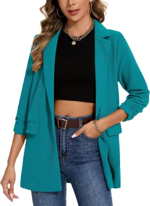 MINTLIMIT Women's Casual Long Blazer 3/4 Ruched Sleeve Lapel Button Front Work Office Blazers Suit Jacket with Pockets