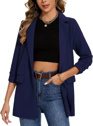 MINTLIMIT Women's Casual Long Blazer 3/4 Ruched Sleeve Lapel Button Front Work Office Blazers Suit Jacket with Pockets