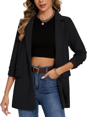 MINTLIMIT Women's Casual Long Blazer 3/4 Ruched Sleeve Lapel Button Front Work Office Blazers Suit Jacket with Pockets