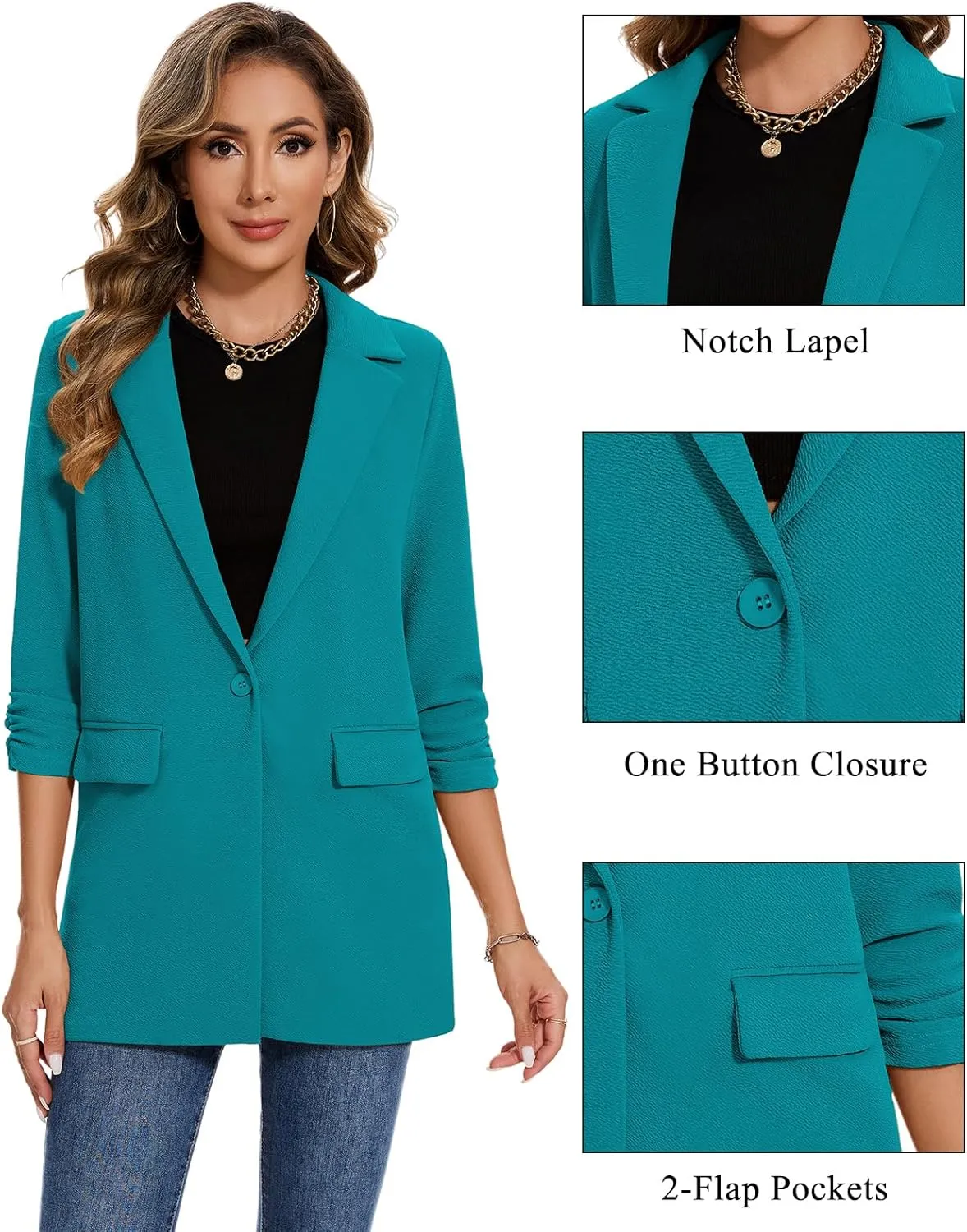 MINTLIMIT Women's Casual Long Blazer 3/4 Ruched Sleeve Lapel Button Front Work Office Blazers Suit Jacket with Pockets
