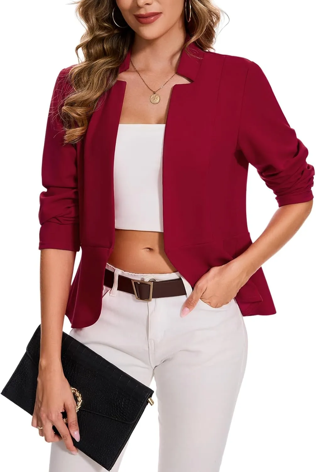 MINTLIMIT Women's Ruffle Hem Blazer Long Sleeve Hook Open Front Notched Collar Peplum Blazers Business Office Suit Jacket