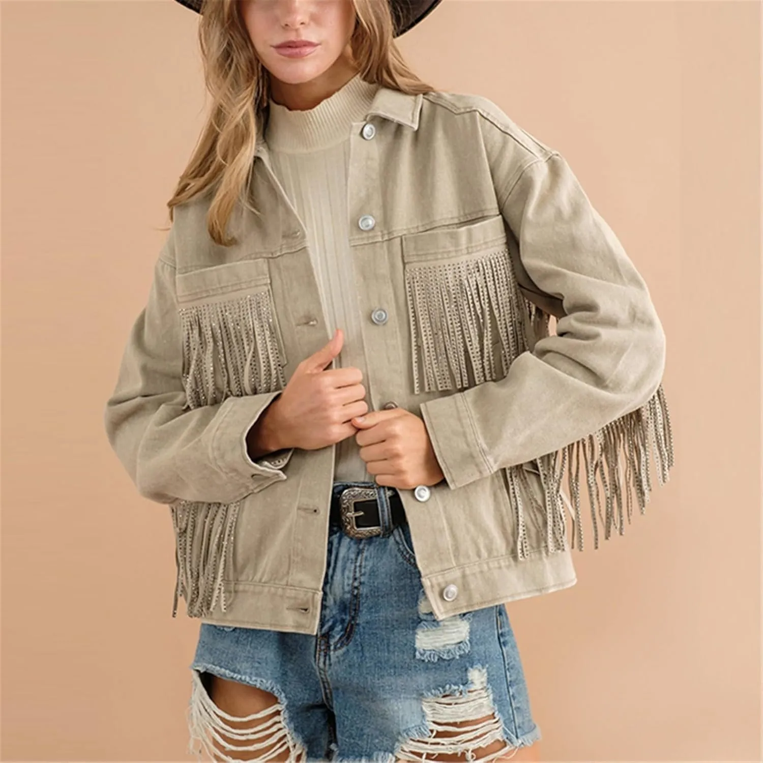 Miyaomn Women's Solid Long Sleeve Baggy Fringe Denim Coats Boyfriend Tassles Pockets Lapel Button Down Cotton Jean Jacket Top