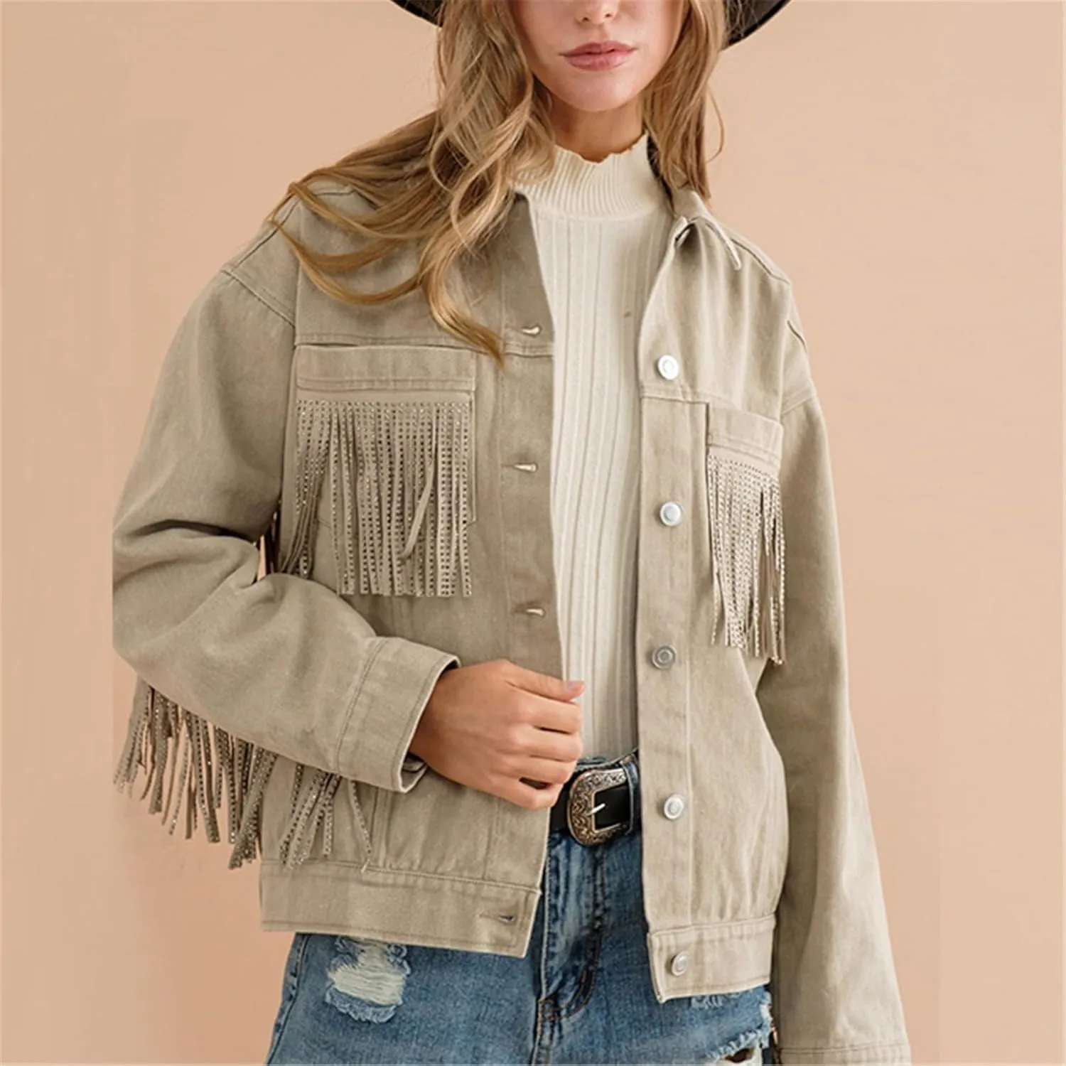 Miyaomn Women's Solid Long Sleeve Baggy Fringe Denim Coats Boyfriend Tassles Pockets Lapel Button Down Cotton Jean Jacket Top
