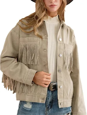 Miyaomn Women's Solid Long Sleeve Baggy Fringe Denim Coats Boyfriend Tassles Pockets Lapel Button Down Cotton Jean Jacket Top
