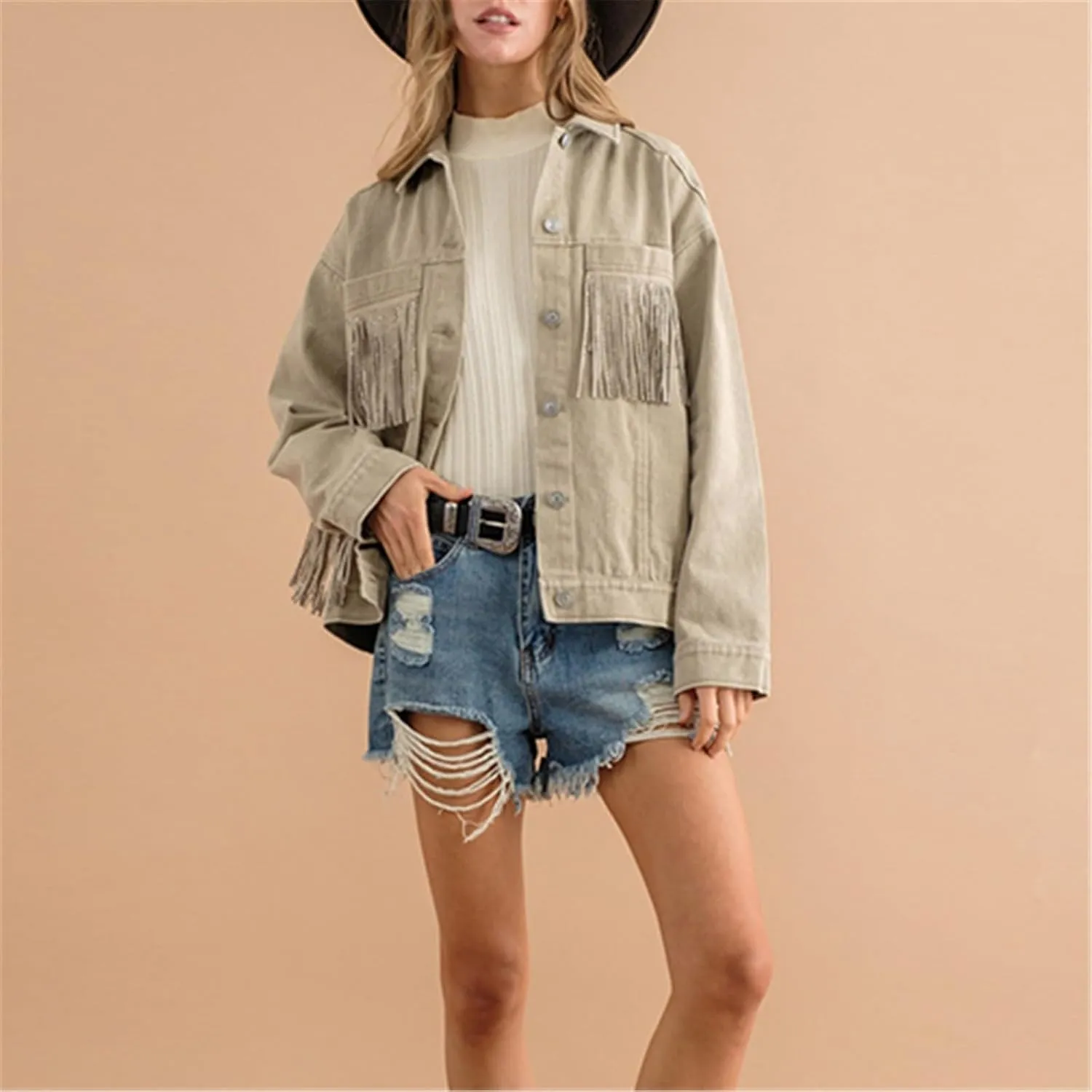 Miyaomn Women's Solid Long Sleeve Baggy Fringe Denim Coats Boyfriend Tassles Pockets Lapel Button Down Cotton Jean Jacket Top