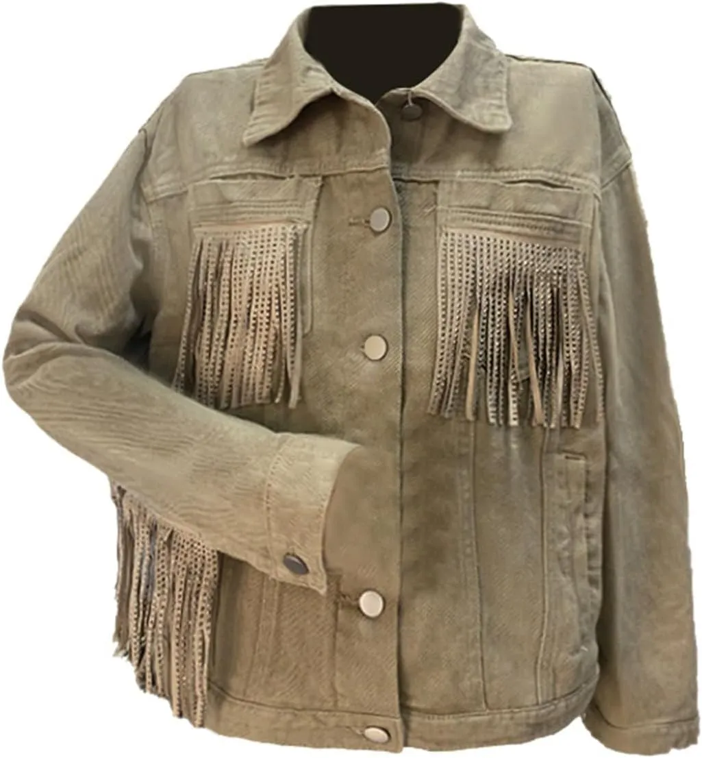 Miyaomn Women's Solid Long Sleeve Baggy Fringe Denim Coats Boyfriend Tassles Pockets Lapel Button Down Cotton Jean Jacket Top