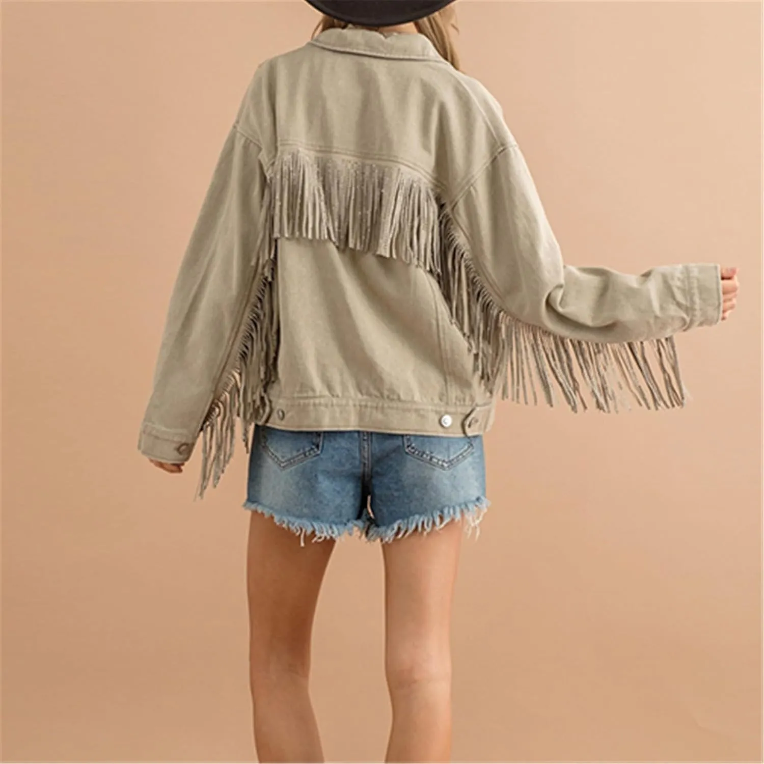 Miyaomn Women's Solid Long Sleeve Baggy Fringe Denim Coats Boyfriend Tassles Pockets Lapel Button Down Cotton Jean Jacket Top