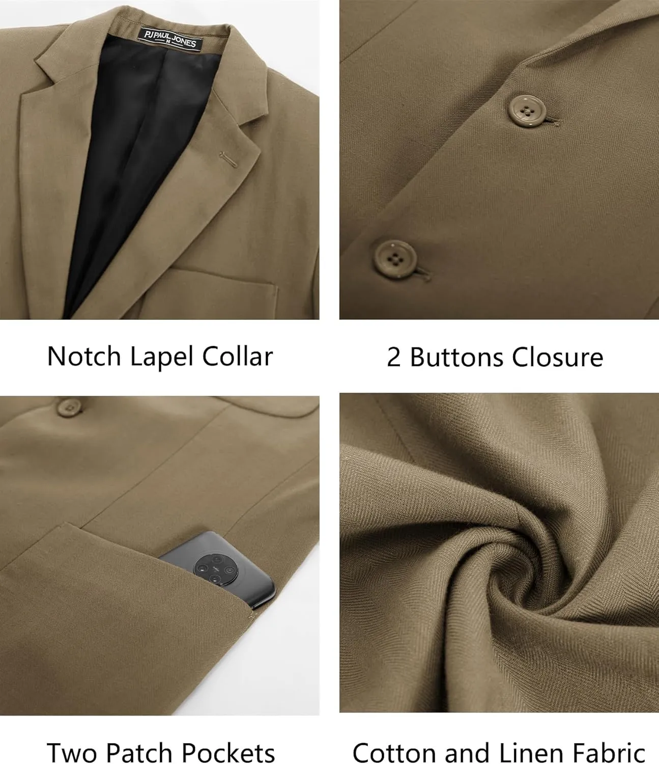 PJ PAUL JONES Men's Blazer Jacket Cotton Linen Sports Coats Regular Fit Two Buttons Herringbone Suit Jackets