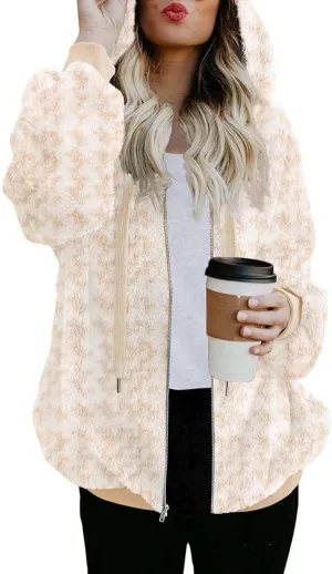 ReachMe Womens Warm Fuzzy Zip Up Hoodie Oversized Sherpa Jacket with Pockets Faux Fur Fleece Winter Coats