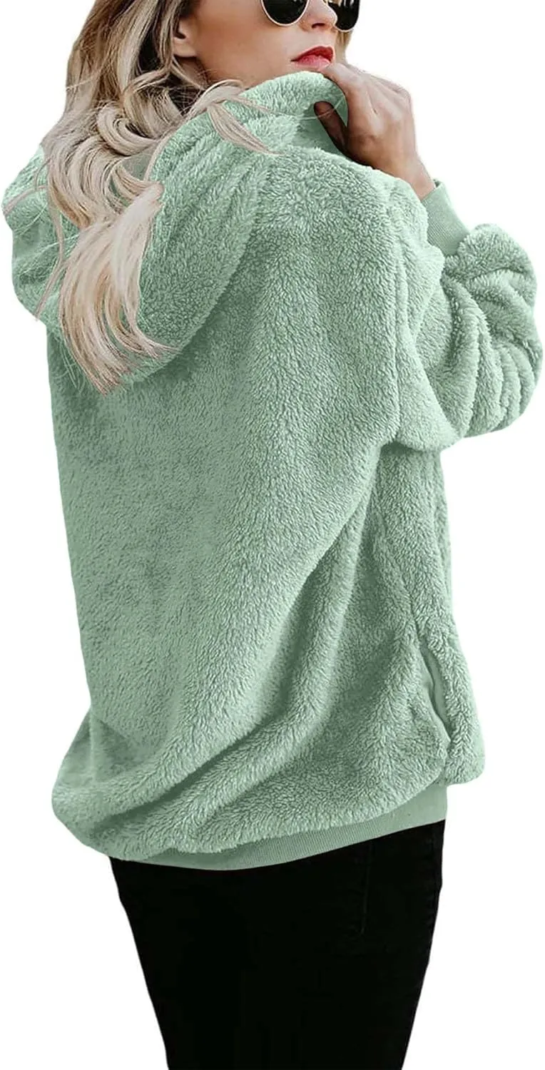 ReachMe Womens Warm Fuzzy Zip Up Hoodie Oversized Sherpa Jacket with Pockets Faux Fur Fleece Winter Coats