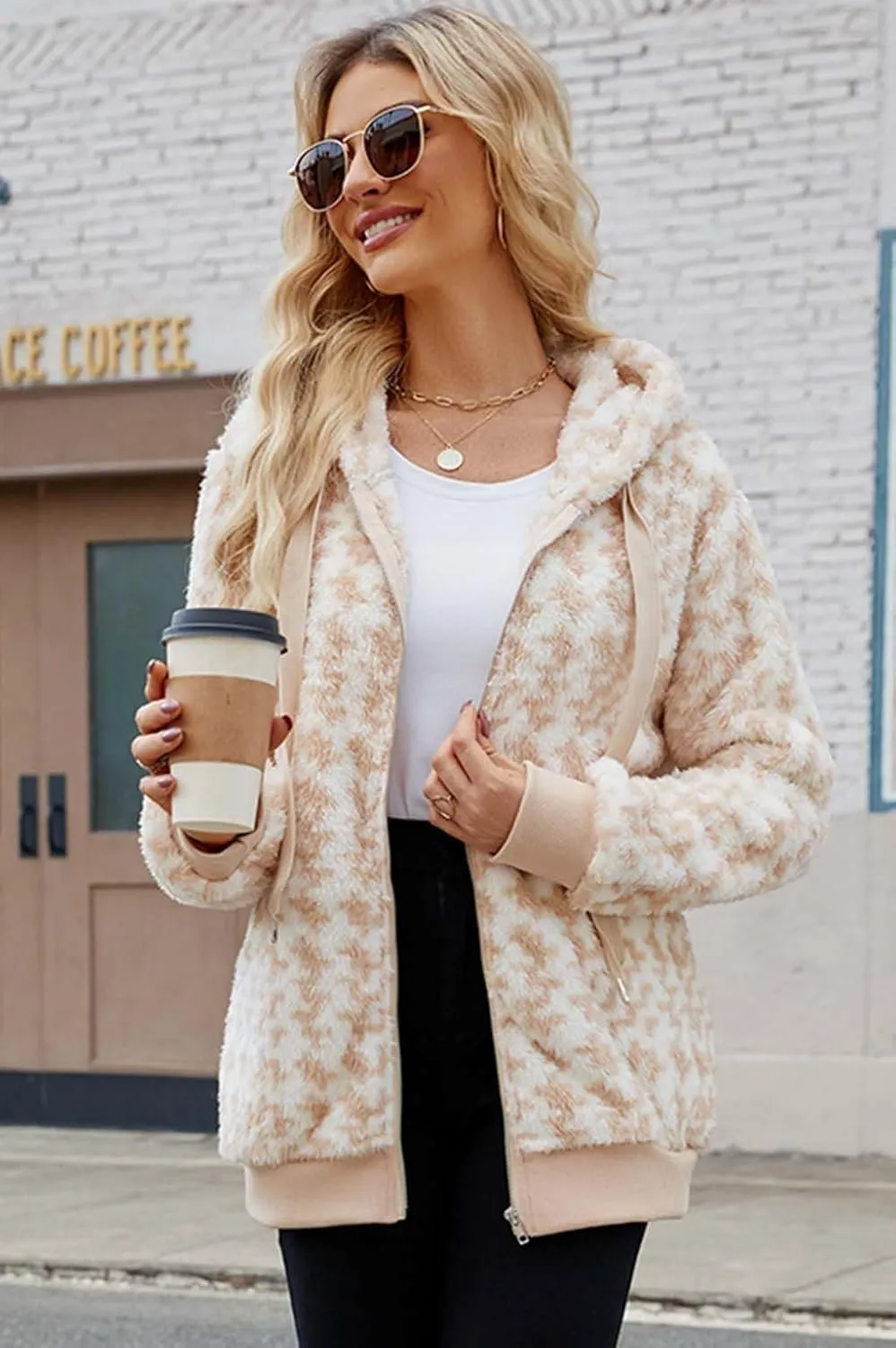 ReachMe Womens Warm Fuzzy Zip Up Hoodie Oversized Sherpa Jacket with Pockets Faux Fur Fleece Winter Coats