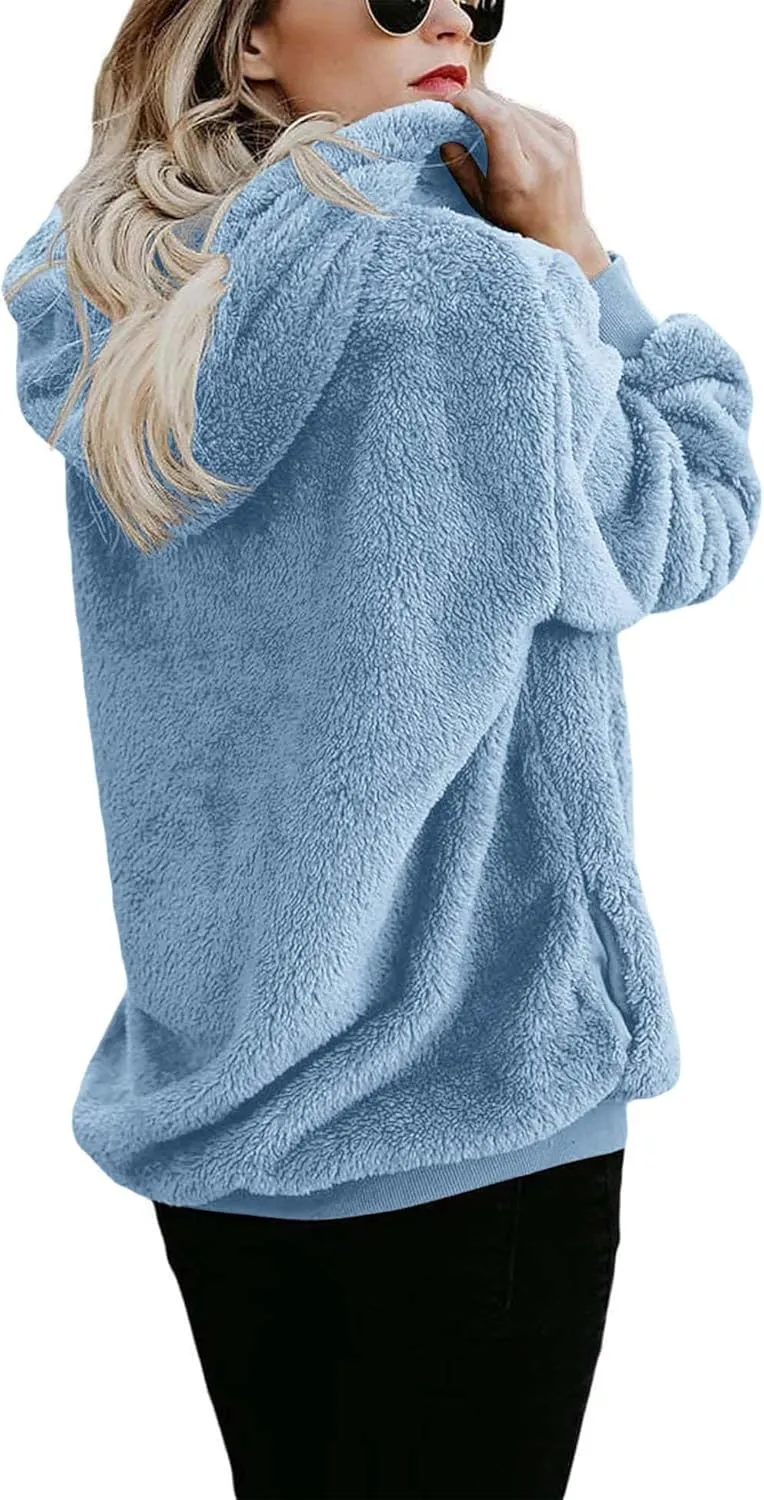 ReachMe Womens Warm Fuzzy Zip Up Hoodie Oversized Sherpa Jacket with Pockets Faux Fur Fleece Winter Coats