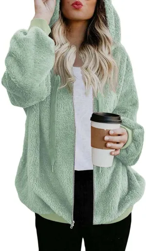 ReachMe Womens Warm Fuzzy Zip Up Hoodie Oversized Sherpa Jacket with Pockets Faux Fur Fleece Winter Coats