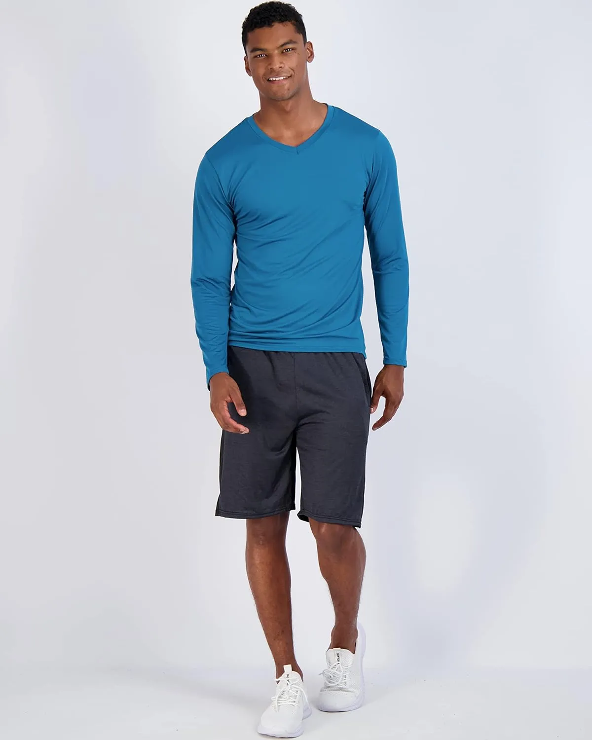 Real Essentials 4 Pack: Men's Dry Fit Long Sleeve V-Neck Active T-Shirt - Athletic Outdoor UPF 50  (Available in Big & Tall)