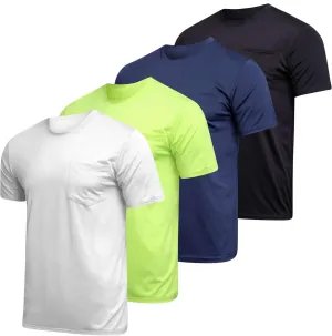 Real Essentials 4 Pack: Men's Dry-Fit Short Sleeve Pocket Crew Performance Athletic T-Shirt (Available in Big & Tall)