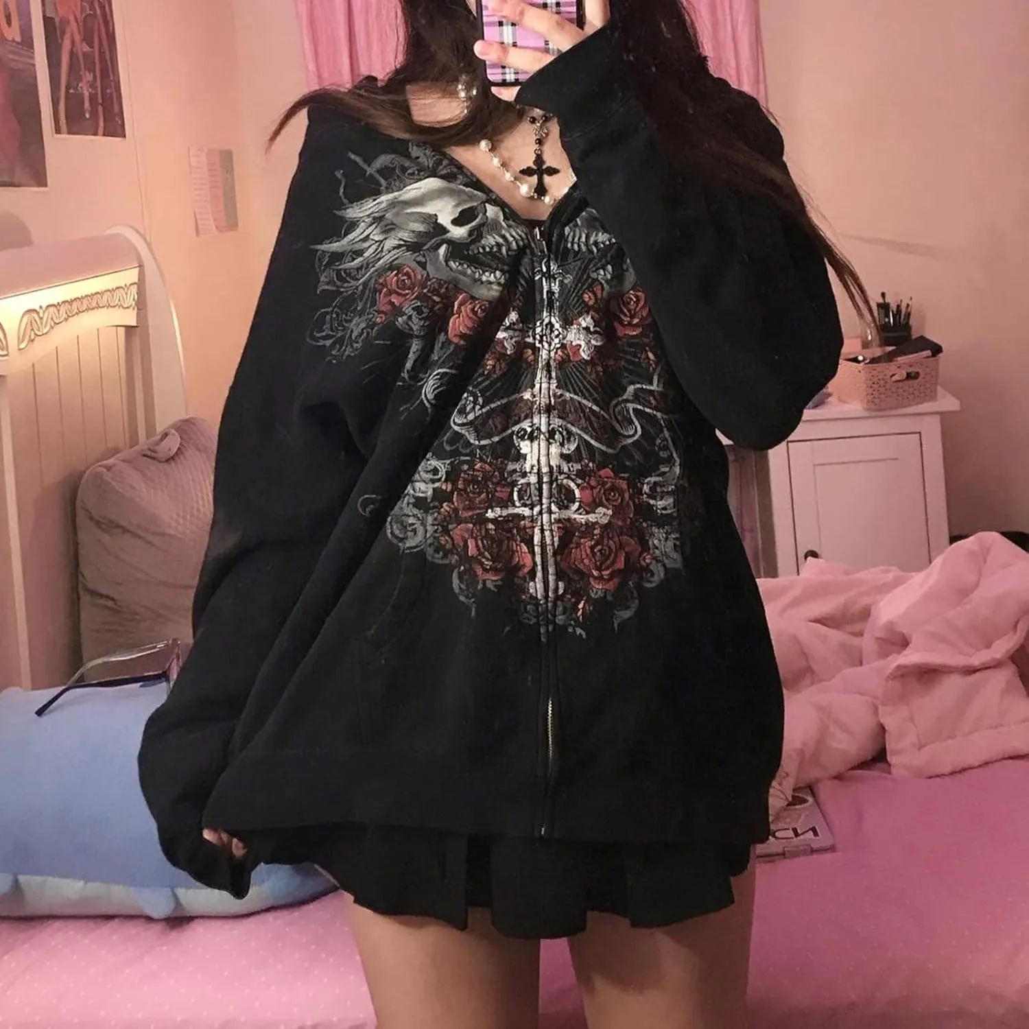SOLILOQUY Women Zip Up Hoodie Y2k Vintage Graphic Oversized Hooded Sweatshirt Jacket Pullover Coats Harajuku Streetwear
