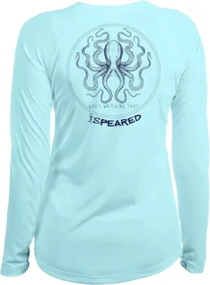 Spearfishing Octopus UV T-Shirt: UPF 50  Long Sleeve Womens Sun Protection, Quick Dry Rash Guard Tee for Scuba Diving, Fishing, Swim, Outdoors: The Kraken: Lt. Blue - M