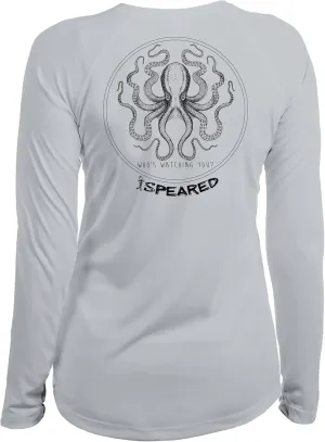 Spearfishing Octopus UV T-Shirt: UPF 50  Long Sleeve Womens Sun Protection, Quick Dry Rash Guard Tee for Scuba Diving, Fishing, Swim, Outdoors: The Kraken: Lt. Gray - XL