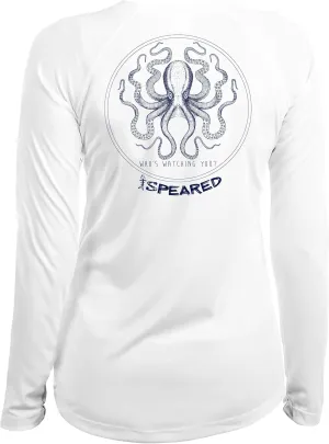 Spearfishing Octopus UV T-Shirt: UPF 50  Long Sleeve Womens Sun Protection, Quick Dry Rash Guard Tee for Scuba Diving, Fishing, Swim, Outdoors: The Kraken: White - M