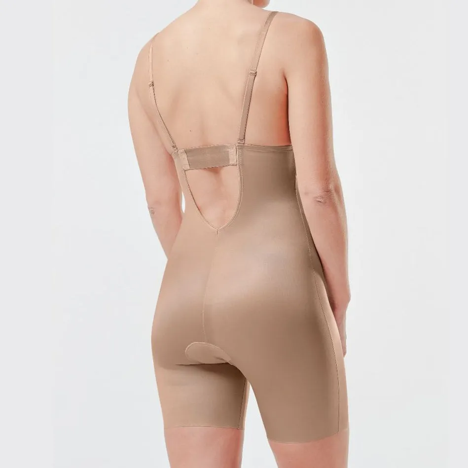 Suit Your Fancy Plunge Low-Back Mid-Thigh Bodysuit Beige