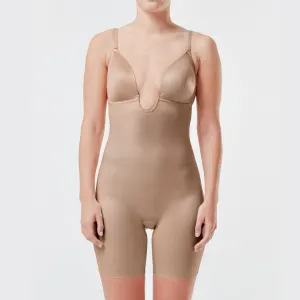 Suit Your Fancy Plunge Low-Back Mid-Thigh Bodysuit Beige