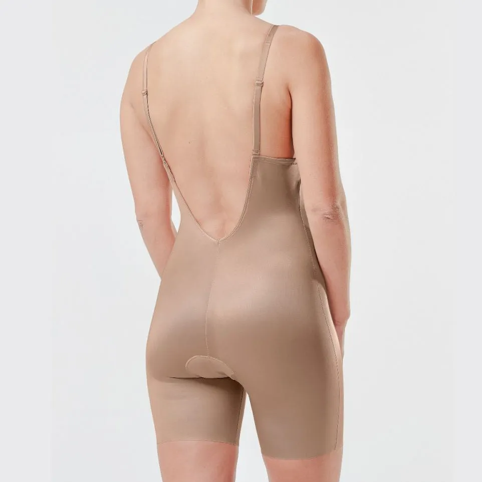 Suit Your Fancy Plunge Low-Back Mid-Thigh Bodysuit Beige