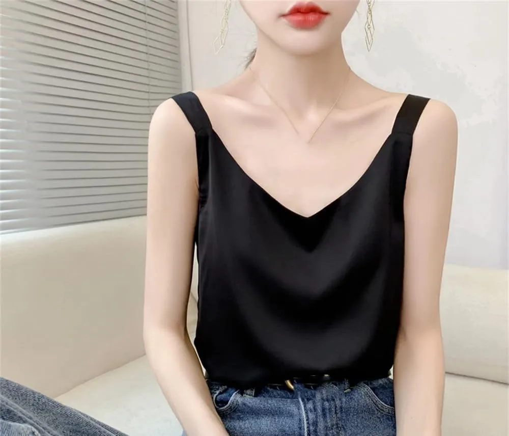 Summer V-Neck Satin Silk Camisole Vest Loose Thin Sleeveless Sling Silk Shirt Tops