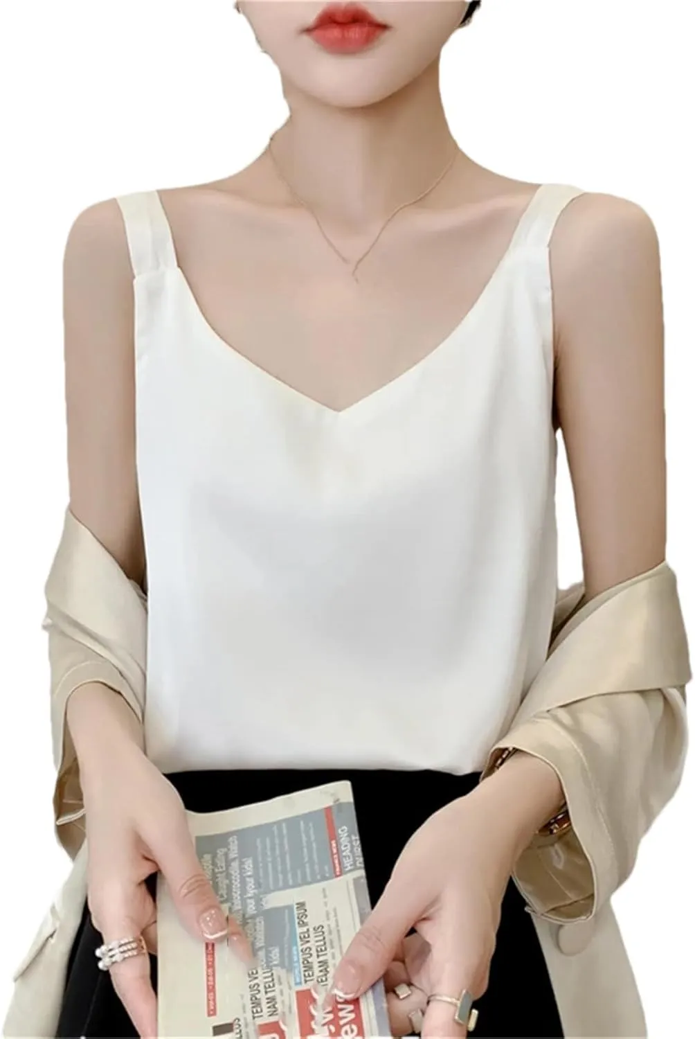 Summer V-Neck Satin Silk Camisole Vest Loose Thin Sleeveless Sling Silk Shirt Tops