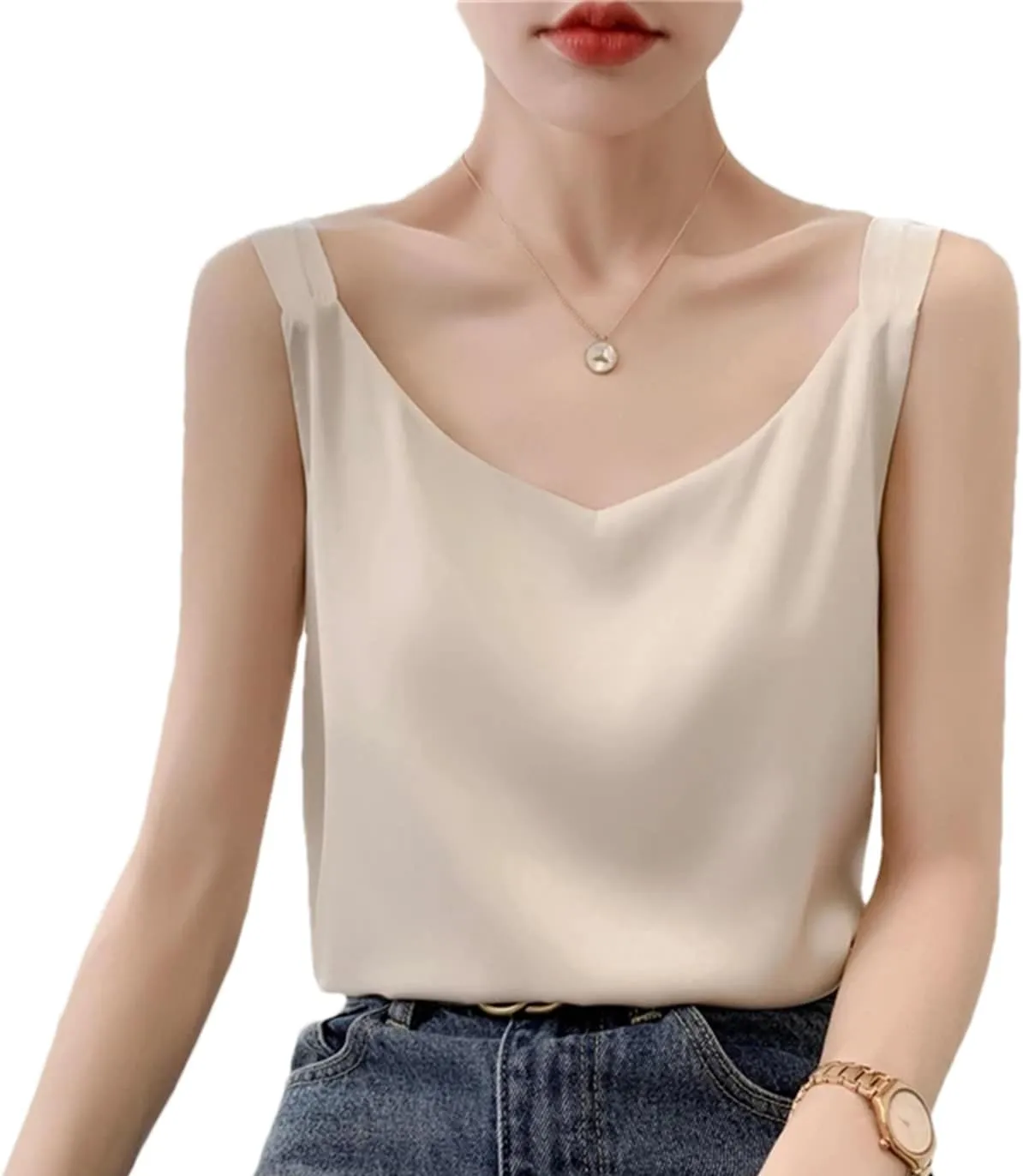 Summer V-Neck Satin Silk Camisole Vest Loose Thin Sleeveless Sling Silk Shirt Tops