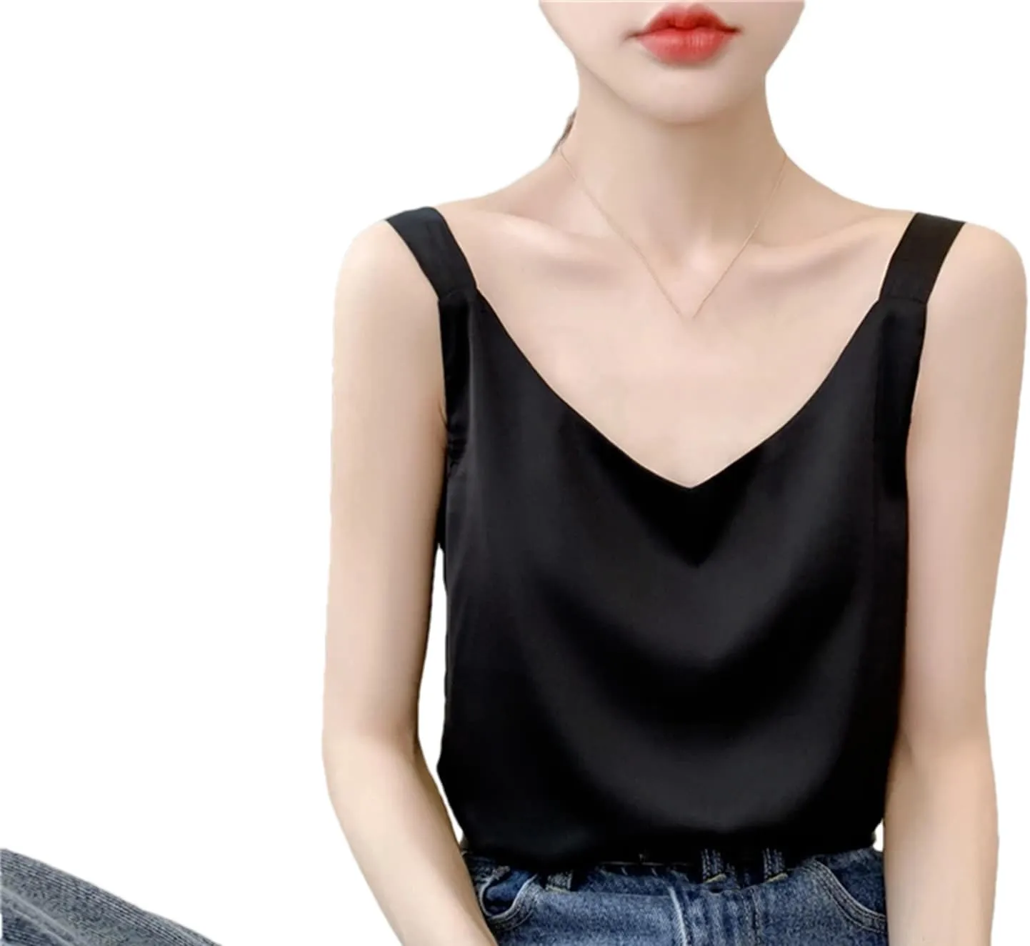 Summer V-Neck Satin Silk Camisole Vest Loose Thin Sleeveless Sling Silk Shirt Tops