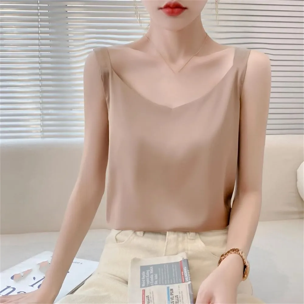 Summer V-Neck Satin Silk Camisole Vest Loose Thin Sleeveless Sling Silk Shirt Tops