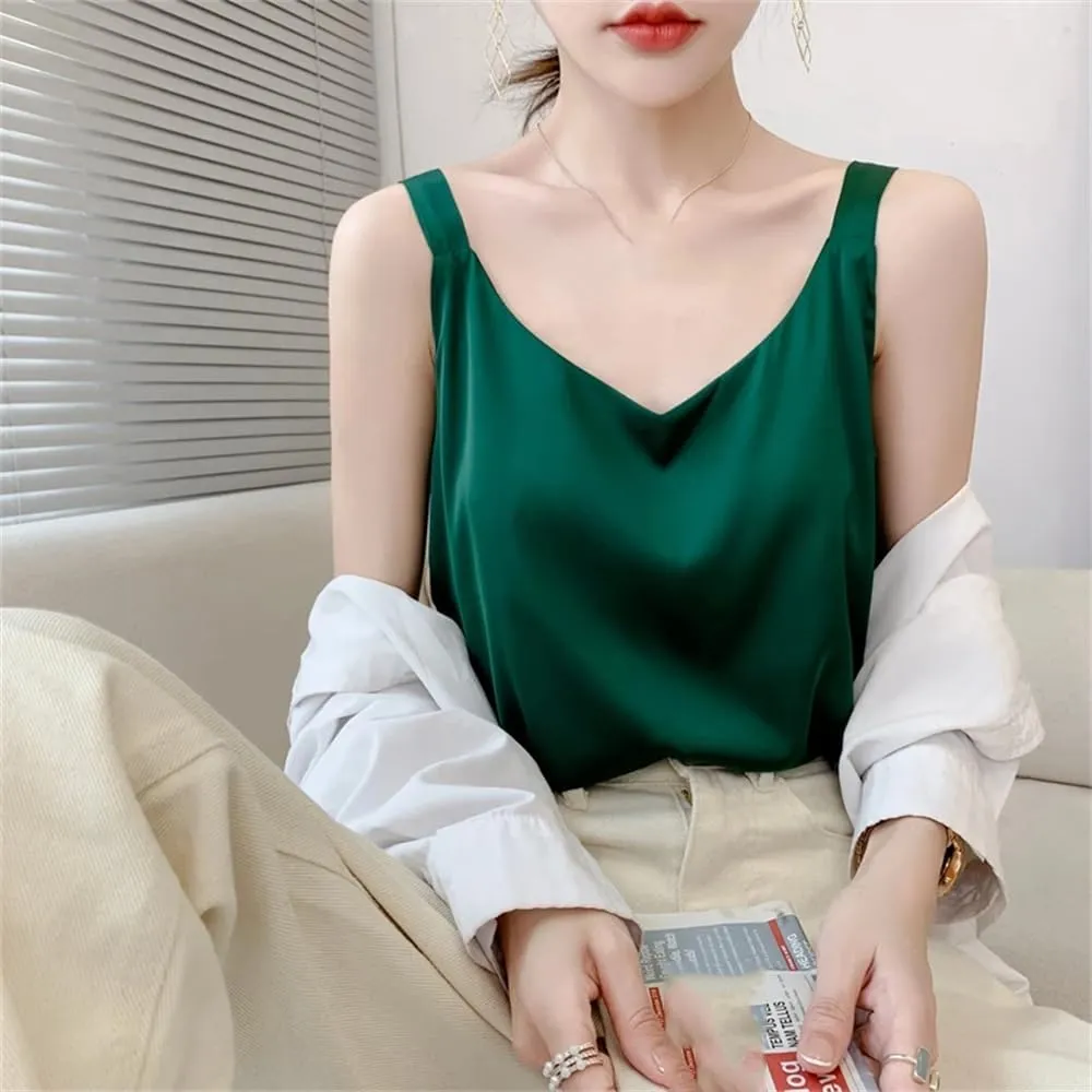 Summer V-Neck Satin Silk Camisole Vest Loose Thin Sleeveless Sling Silk Shirt Tops
