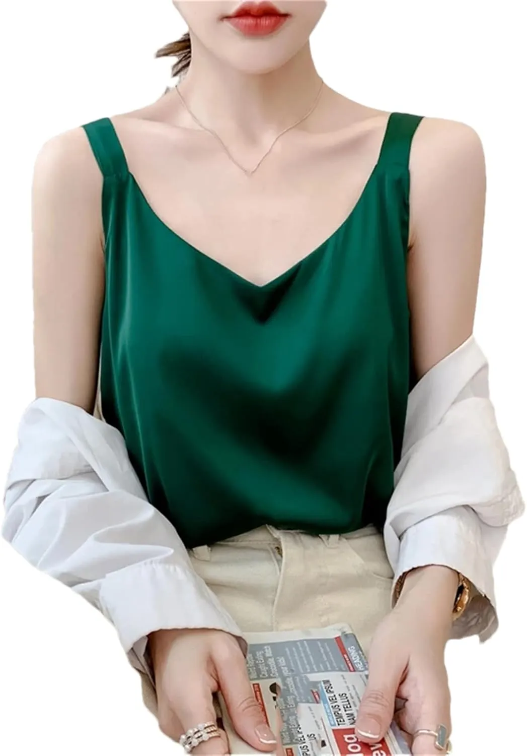 Summer V-Neck Satin Silk Camisole Vest Loose Thin Sleeveless Sling Silk Shirt Tops