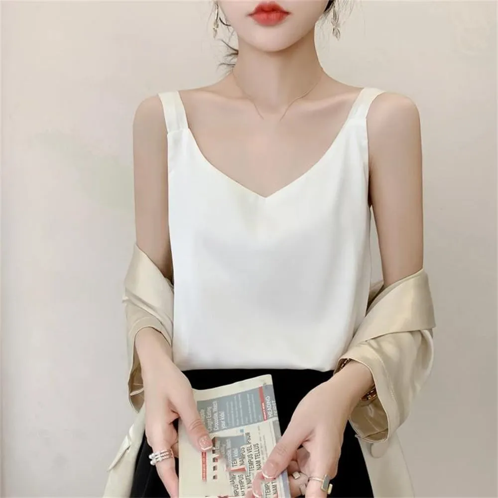 Summer V-Neck Satin Silk Camisole Vest Loose Thin Sleeveless Sling Silk Shirt Tops