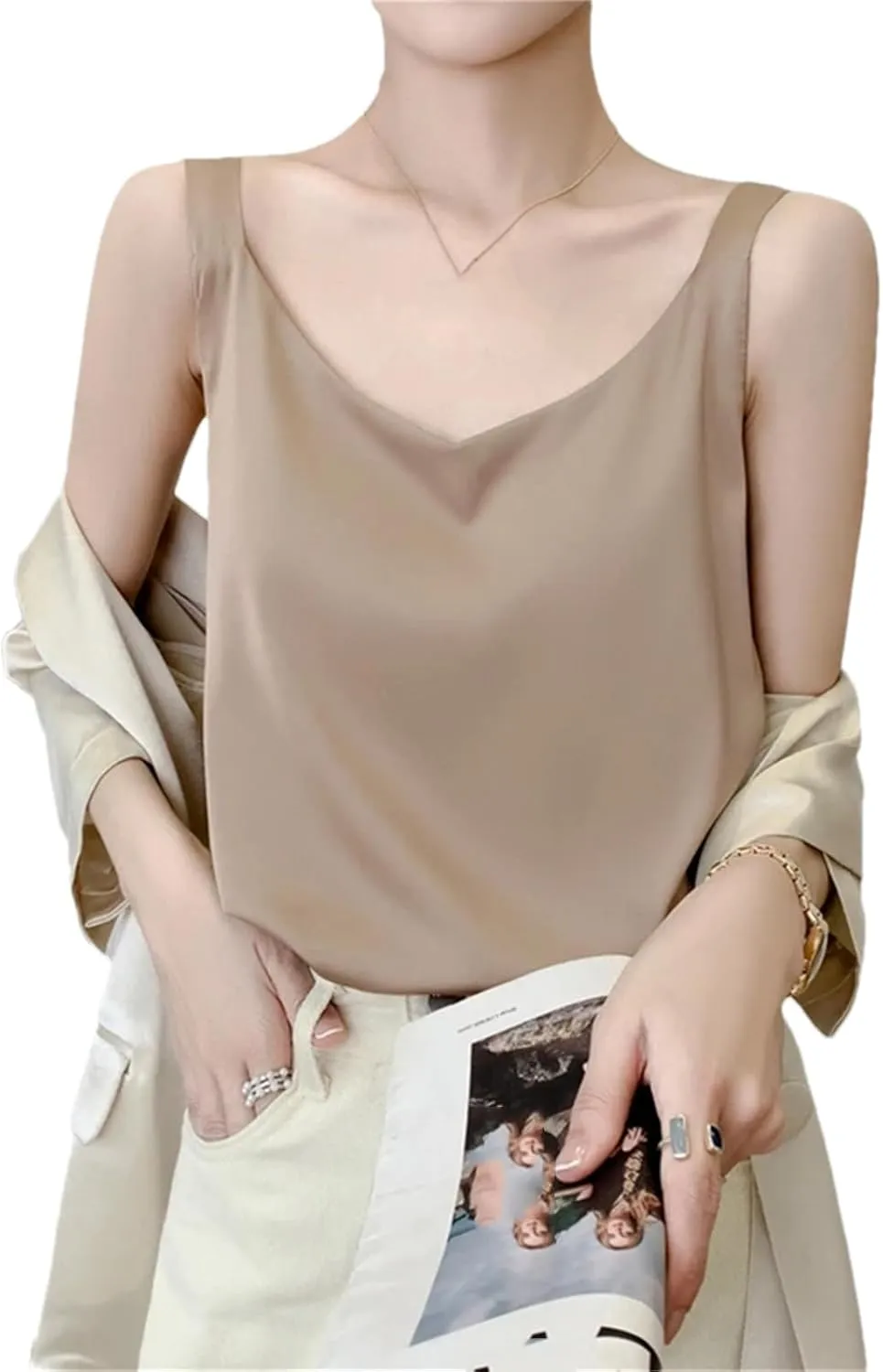 Summer V-Neck Satin Silk Camisole Vest Loose Thin Sleeveless Sling Silk Shirt Tops