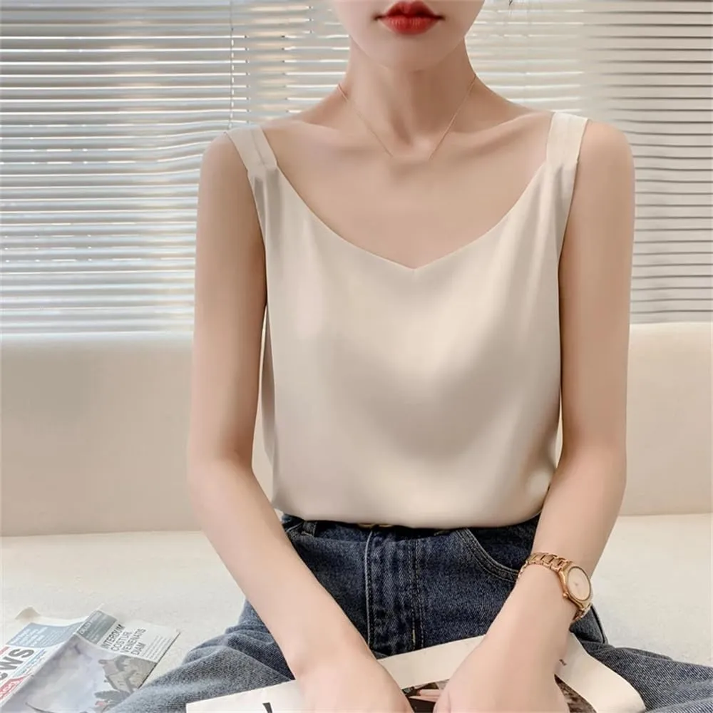 Summer V-Neck Satin Silk Camisole Vest Loose Thin Sleeveless Sling Silk Shirt Tops