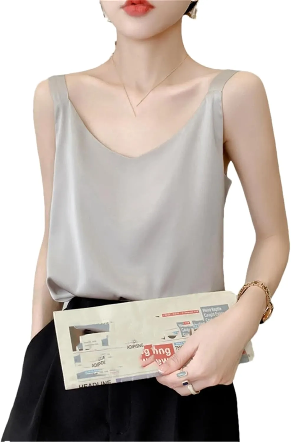 Summer V-Neck Satin Silk Camisole Vest Loose Thin Sleeveless Sling Silk Shirt Tops
