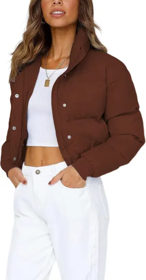 Uaneo Womens Cropped Puffer Jacket Stand Collar Zip Up Winter Padded Down Coats