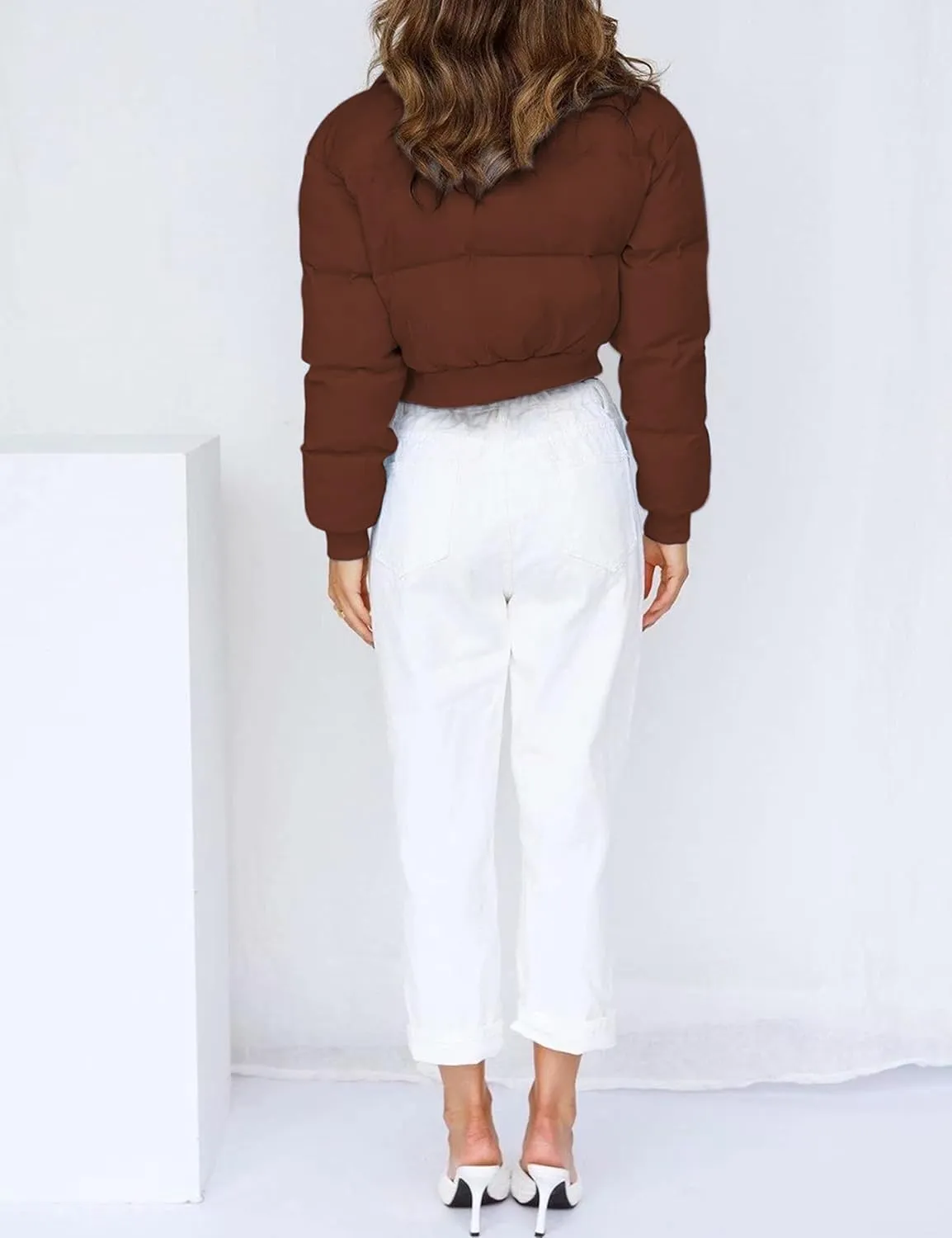 Uaneo Womens Cropped Puffer Jacket Stand Collar Zip Up Winter Padded Down Coats