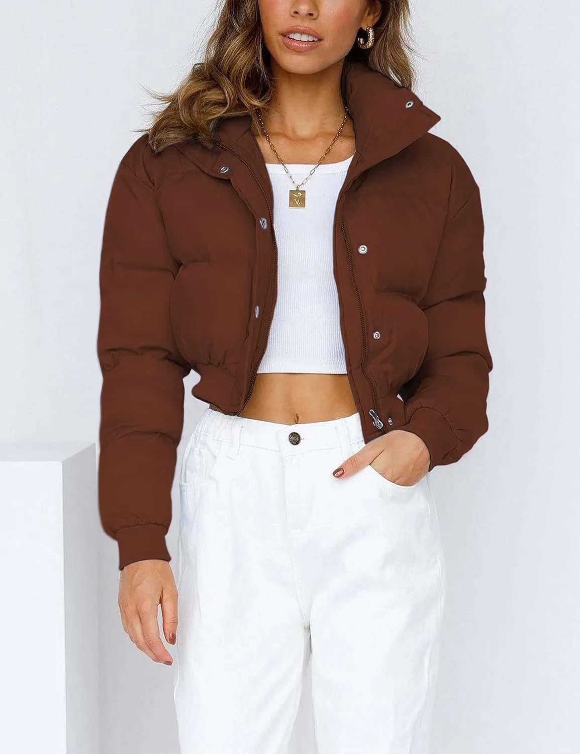 Uaneo Womens Cropped Puffer Jacket Stand Collar Zip Up Winter Padded Down Coats