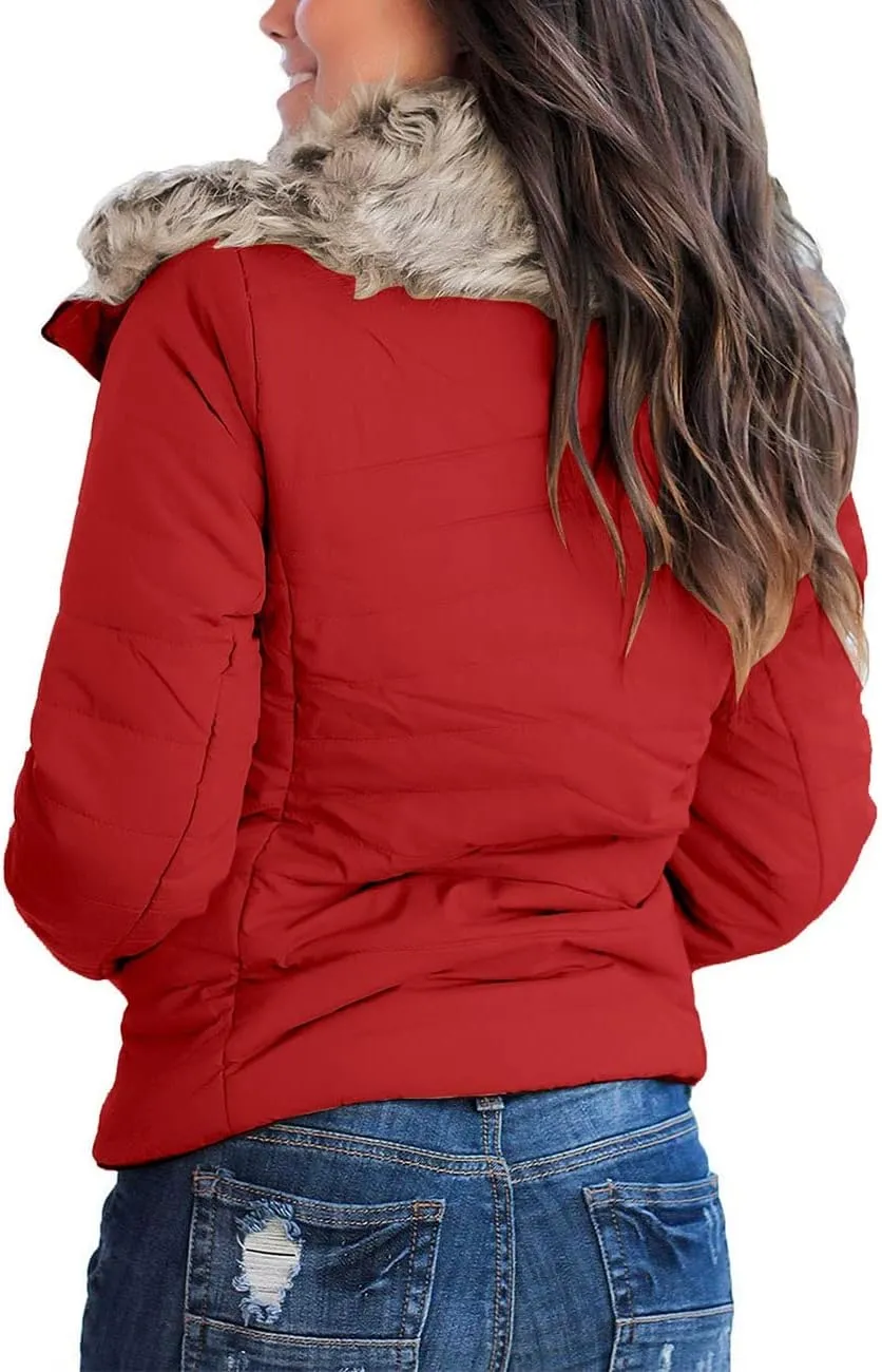 Vetinee Women Casual Faux Fur Lapel Zip Pockets Quilted Parka Jacket Puffer Coat