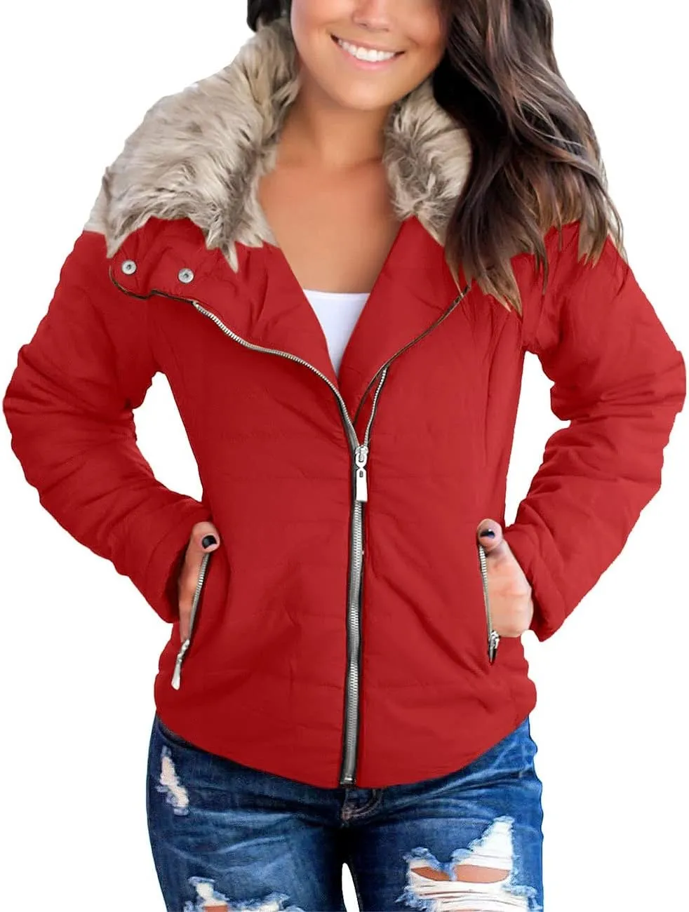 Vetinee Women Casual Faux Fur Lapel Zip Pockets Quilted Parka Jacket Puffer Coat